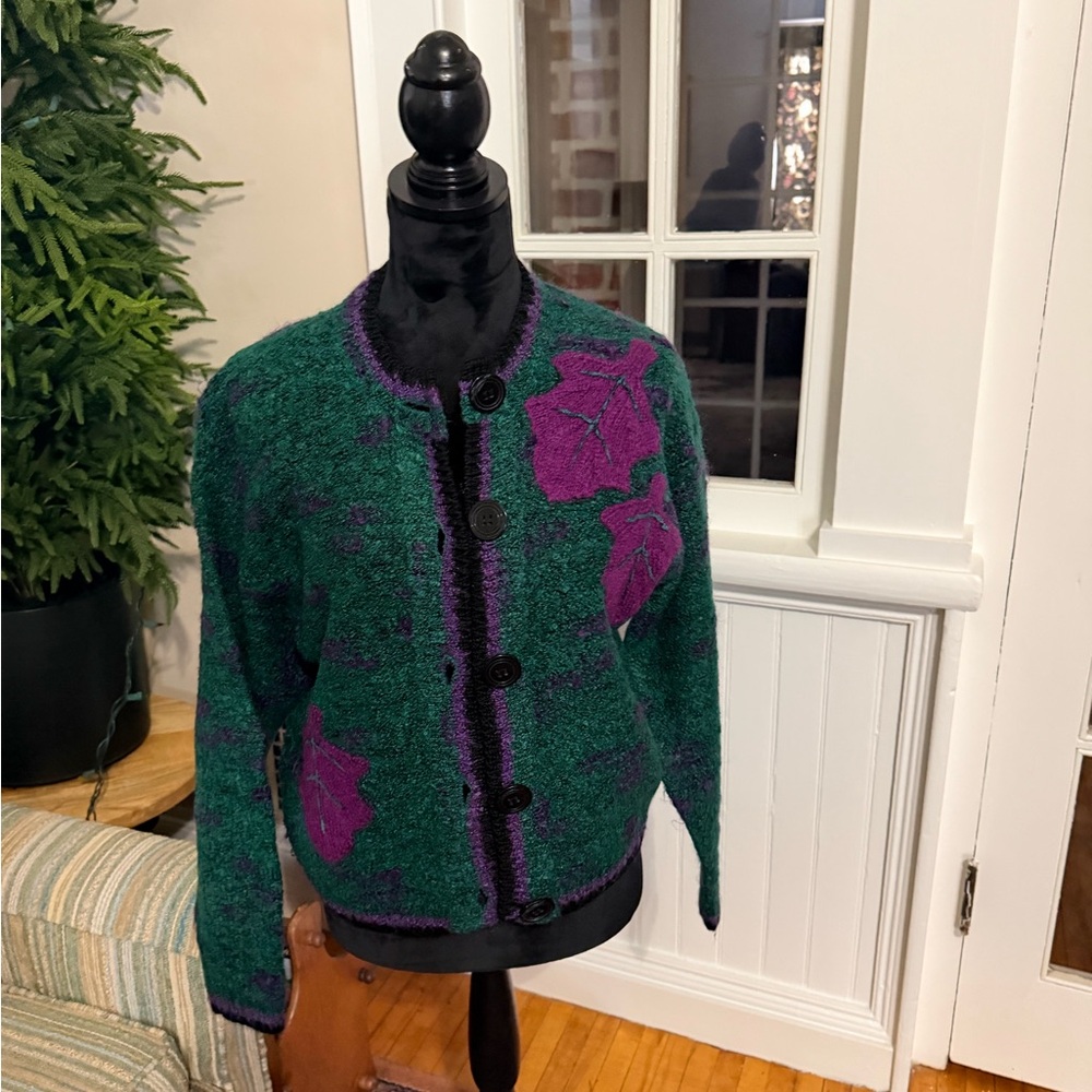 Vintage Tony Lambert Green and Purple Button-Up Cardigan
